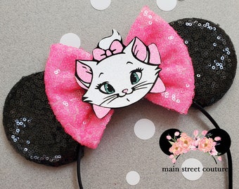 Marie Neon Pink and Black Sequin Minnie Ears, Minnie Ears, Marie Minnie Ears, Aristocrat Ears , Disney ears, mickey ears