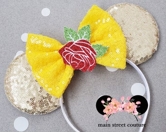 Princess Gold and Yellow inspired Beauty Belle Beast Rose Inspired sequin minnie ears, minnie mouse ears, minnie mouse headband