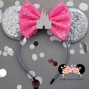 Metallic Silver Neon Pink Castle Cinderella Castle sequin minnie ears, minnie mouse ears, minnie mouse headband