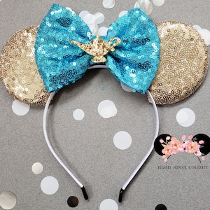 Princess Jasmine Gold Genie Lamp Aqua and Gold Aladdin Inspired sequin minnie ears, minnie mouse ears, minnie mouse headband