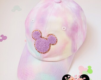 Pastel Tie Dye YOUTH SMALL FIT Baseball Cap, Chenille Mickey glitter Patch Tie Dye Girls Trendy Unisex Disney Inspired Youth Cap Unisex