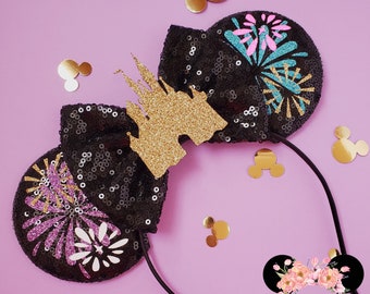 Fireworks Nighttime Celebration Castle Cinderella Castle sequin minnie ears, minnie mouse ears, minnie mouse headband