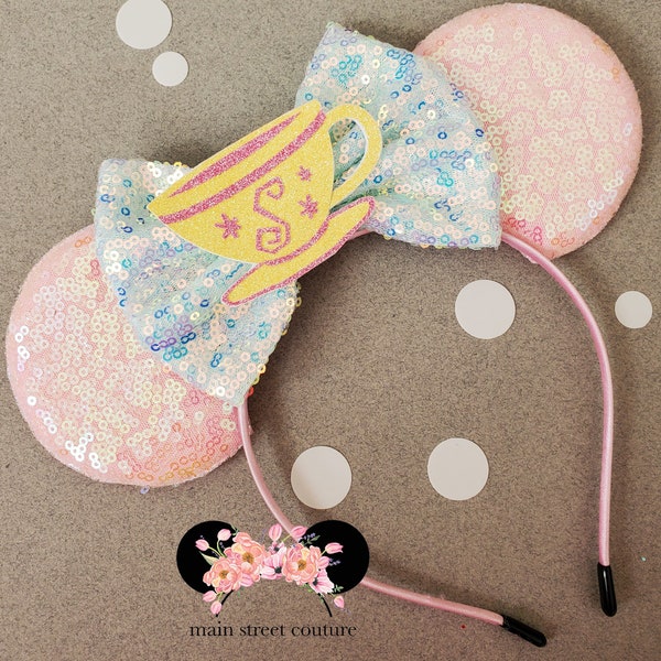 Mad Tea Party Inspired sequin minnie ears, Tea cup Ride Ears, Alice, mad hatter, minnie mouse ears, minnie mouse headband