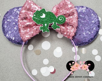 Princess Pink and Purple Rapunzel inspired Tangled inspired Pascal  sequin minnie ears, minnie mouse ears, minnie mouse headband