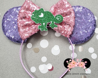 Princess Pink and Purple Rapunzel inspired Tangled inspired Pascal  sequin minnie ears, minnie mouse ears, minnie mouse headband