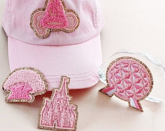 Pink on pink magical parks Hat Womens Baseball Cap, Chenille  glitter Patch Tie Dye Womens Trendy Unisex Disney Inspired Womens Cap Unisex