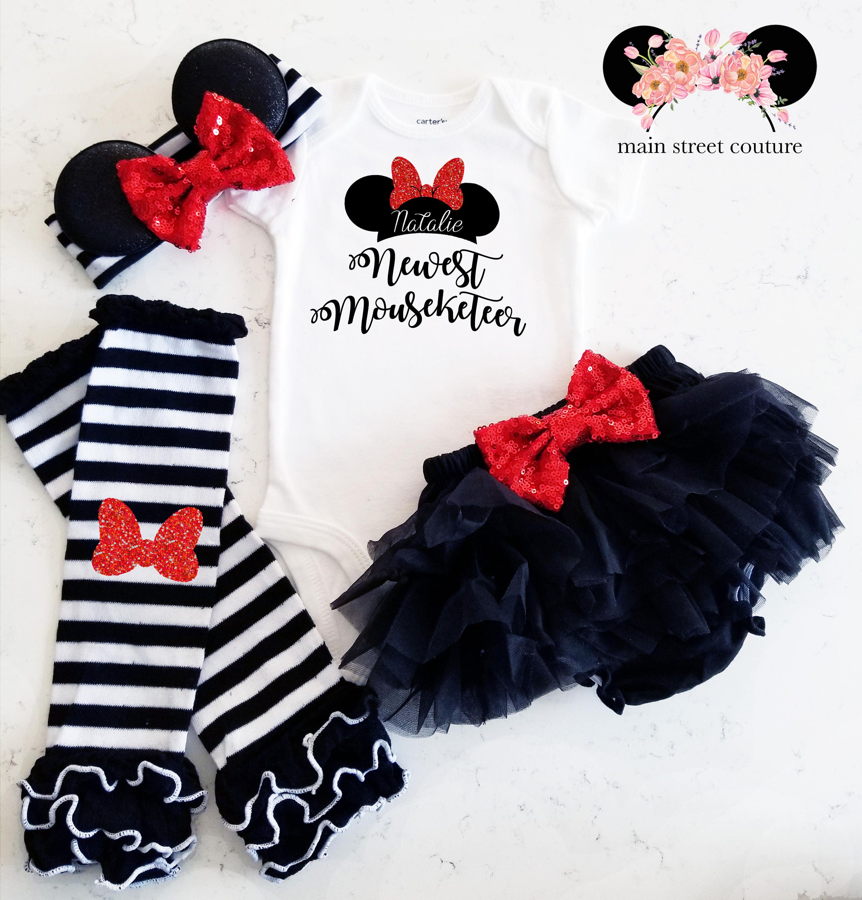 Newest Mouse Minnie personalized ears glitter baby bodysuit leg warme…
