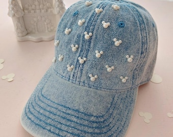 Denim washed with Pearls  Womens Baseball Cap, denim Womens Trendy Unisex Disney Inspired Womens Cap Unisex