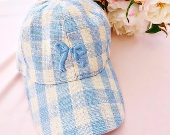 Tweed Check bow baby blue Baseball Cap, denim Womens Trendy Unisex Disney Inspired Womens Cap Unisex