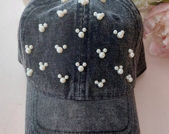 Black Denim washed with Pearls Womens Baseball Cap, denim Womens Trendy Unisex Inspired Womens Cap Unisex