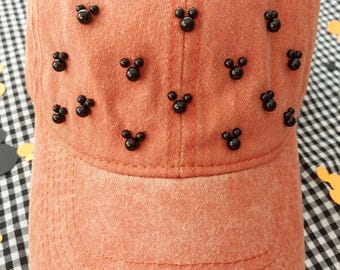 Orange Denim washed with  black Pearls  Womens Baseball Cap, denim Womens Trendy Disney Inspired Womens Cap Unisex Halloween, Halloween hat