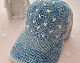 Denim washed with Pearls  Womens Baseball Cap, denim Womens Trendy Unisex Disney Inspired Womens Cap Unisex