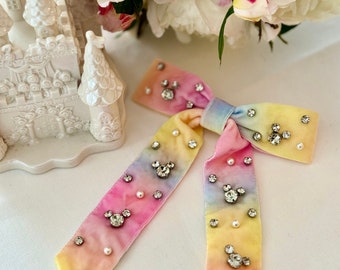 Velvet rainbow pastel baby pink rhinestone glass crystal rhinestone womens bow hair clip