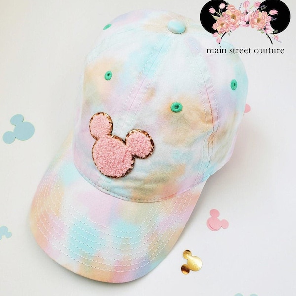 Pastel Tie Dye Womens Baseball Cap, Chenille Mickey glitter Patch Tie Dye Womens Trendy Unisex Disney Inspired Womens Cap Unisex