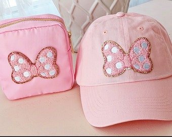 Pink polka dot bow Womens Baseball Cap, Chenille Mickey glitter Patch Tie Dye Womens Trendy Disney Inspired Womens Cap Unisex