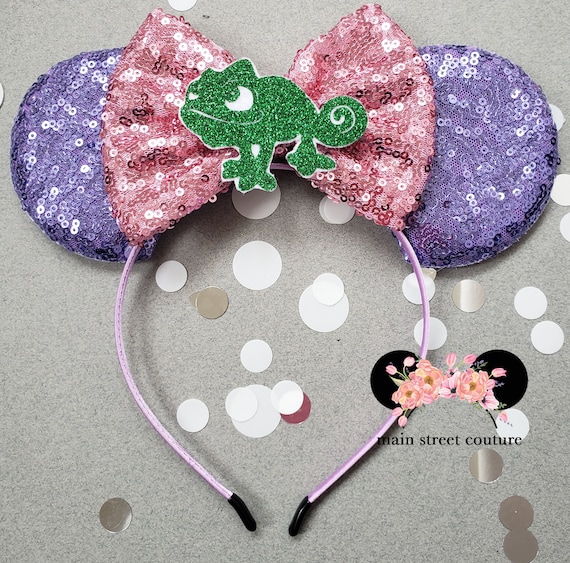 Tangled Rapunzel Inspired Minnie Ears Headband with Bows & Sequins Handmade Rapunzel Minnie Ears: Sequin Bow & Crystal Tiara - Etsy main image 2