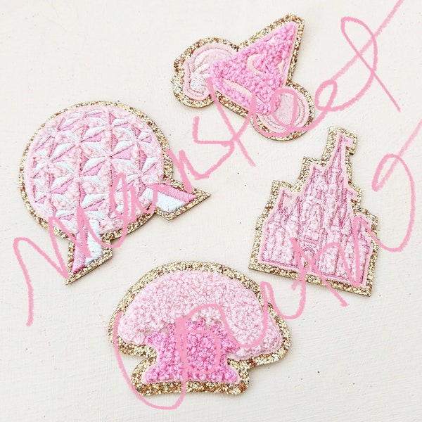 Pink chenille adhesive park icon patches set of four