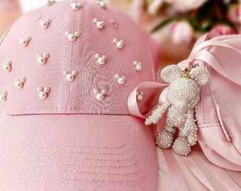 Baby pink Denim washed with Pearls  Womens Baseball Cap, denim Womens Trendy Unisex Inspired Womens Cap Unisex