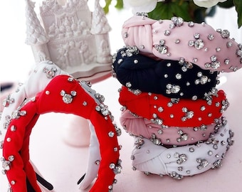 Magical rhinestone mouse Neoprene knotted Headband glass crystal womens knotted headband park knotted headband