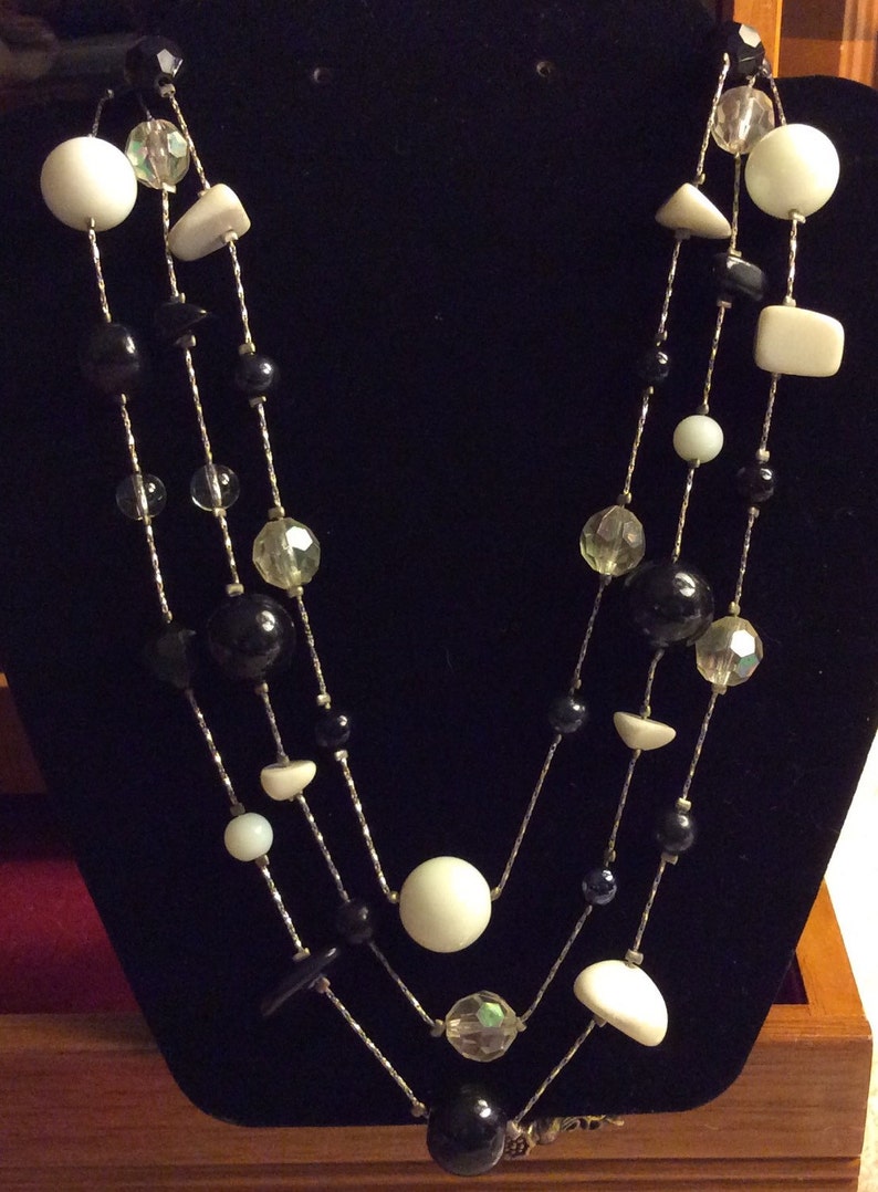 SALE Elegant Vintage Triple Strand AB Crystal and Opaque Glass Necklace Art Deco Was 20.00 image 3