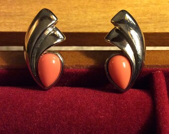 Vintage Silver Tone Earrings with Summer Peach Colored Plastic for Pierced Ears Signed Avon