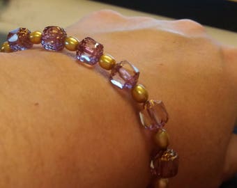 SALE Pink/Purple Cathedral Bead and Gold Freshwater Pearl New Vintage Bracelet. (Orig. 40.00)