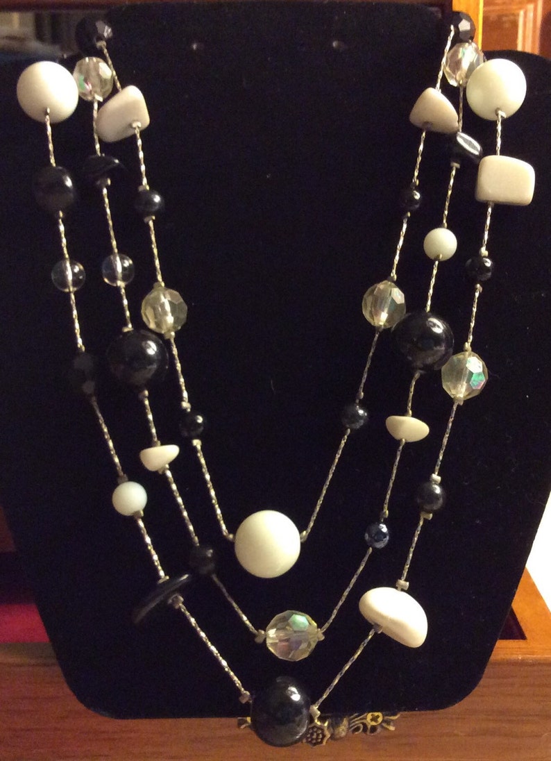 SALE Elegant Vintage Triple Strand AB Crystal and Opaque Glass Necklace Art Deco Was 20.00 image 1