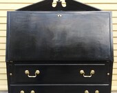 Hand brushed black enamel 3 drawer fold-down secretary desk with brass hardware.