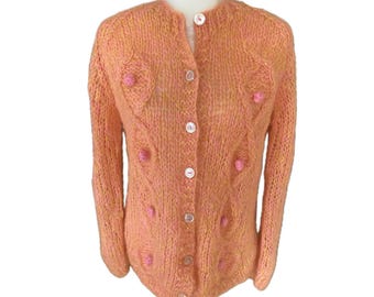 Vintage 60s MOHAIR Cardigan SWEATER Handknit V-neck Cabled Bust