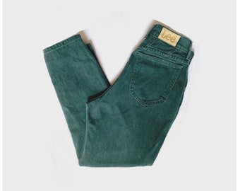 80s LEE Jeans Women’s High Waist, Green Jeans, Tapered Leg, Leather Patch, 26W x 27L Petite