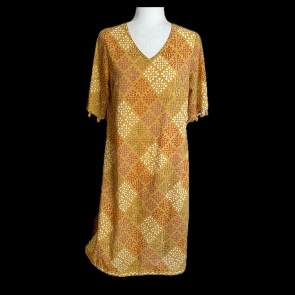 Gudrun Sjoden Dress Tunic, Yellow Mustard Organic Cotton Abstract Floral Diamond Design, Women’s size Small, Boho