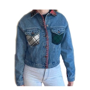 80s Denim Patchwork Jean Jacket Plaid Flannel, Jordache Trucker, Women’s Size Medium