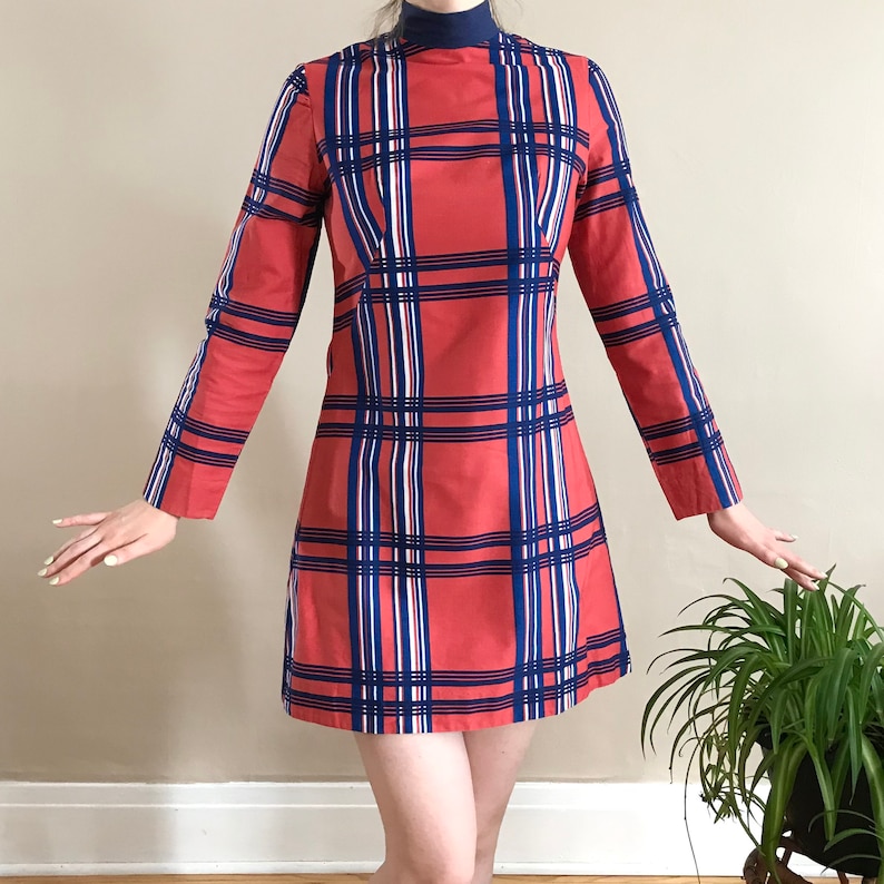 Mod 60s Mini Dress Orange Blue Plaid Vintage Handmade Women\u2019s size Small