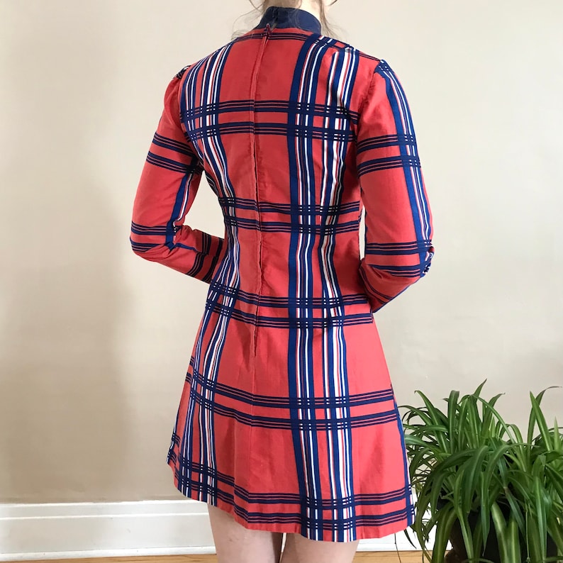 Mod 60s Mini Dress Orange Blue Plaid Vintage Handmade Women\u2019s size Small