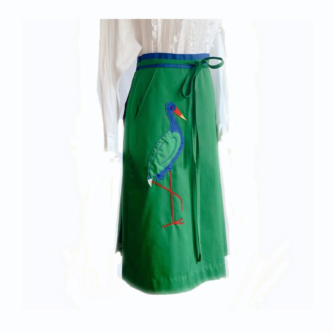 70s MIDI Wraparound Skirt Bird Skirt Herron Appliqué Green Etsy