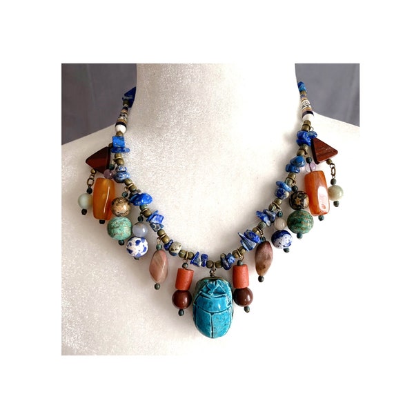 Vintage Turquoise Scarab Pendant Necklace, Mixed Stones and Beads 19” Necklace
