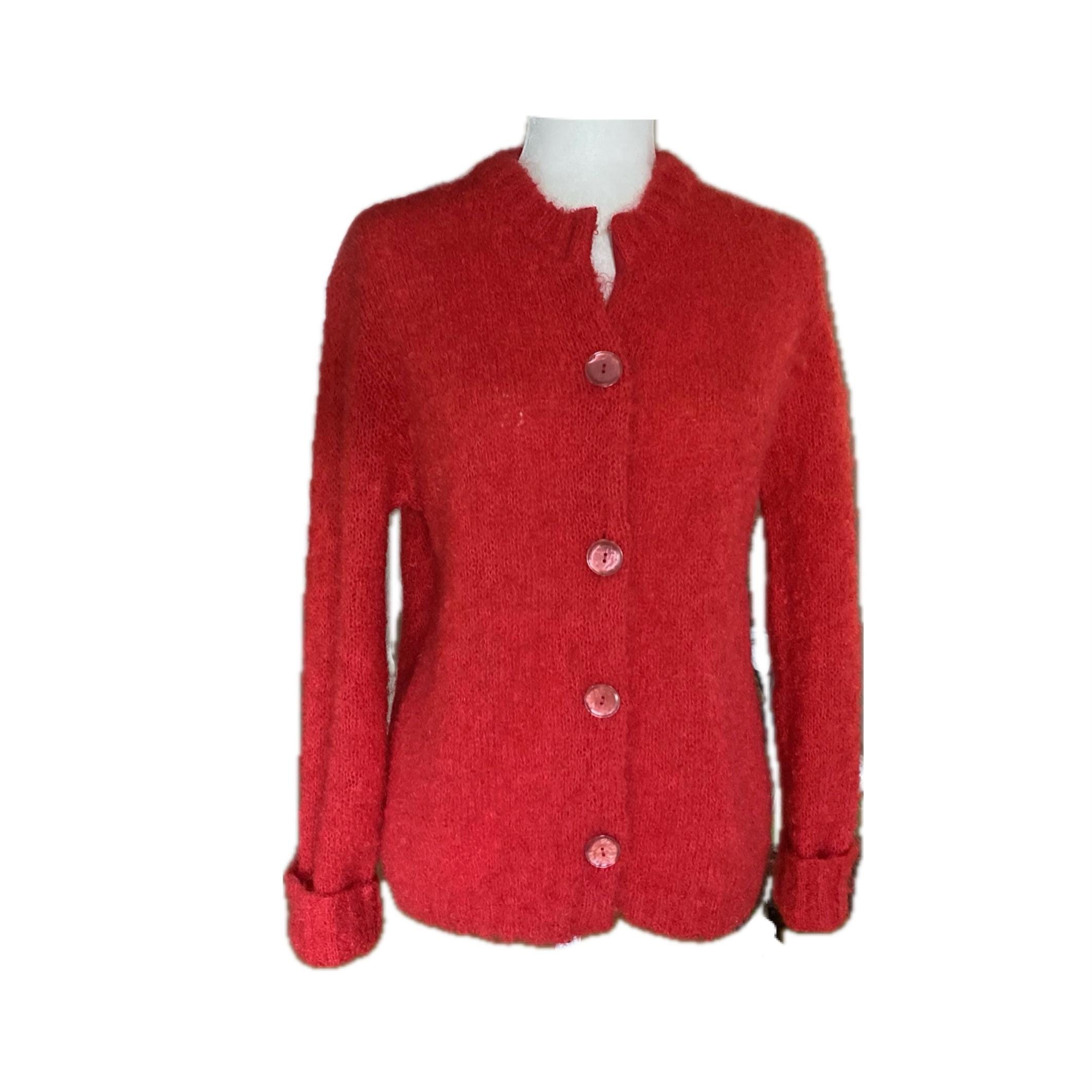 1960s Mohair Cardigan Sweater Red Wool Fuzzy Knit, Vintage, Women's size M