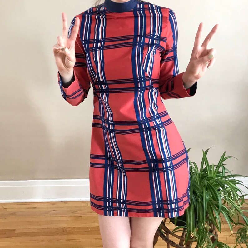 Mod 60s Mini Dress Orange Blue Plaid Vintage Handmade Women\u2019s size Small