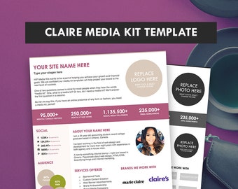 Media Kit Template CLAIRE, Press Kit, Pitch Kit, Blog Media Kit Template, Sponsors (1 Page)