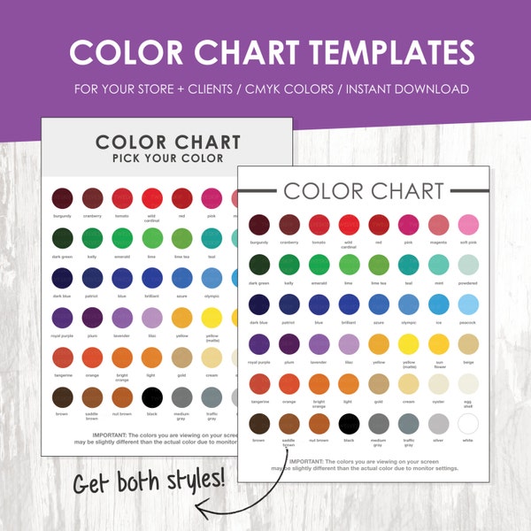 Color Chart, Color Chart Template, Color Palette, Instant Download, Colour Samples, Store Supply