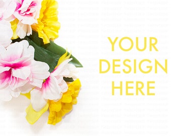 Flower Styled Stock Photo | Yellow Pink | White Desk | Product Mockup | Web Design Graphic | Flower Background | Stock Photography