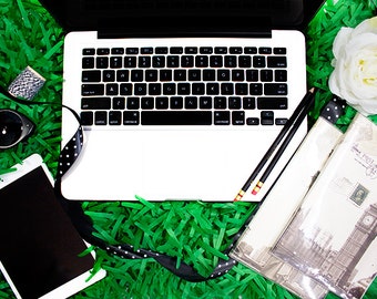 Keyboard Stock Photography | Notebook | iPad Stock Photo | Green Styled Stock Photography | Grass | Website Design Background | Flowers