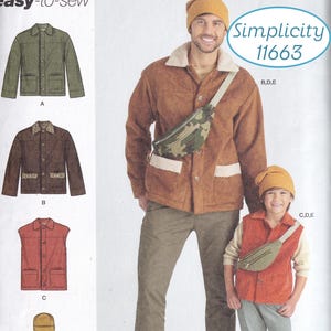 Motif Simplicity 11663/9694, manteau garçon/homme, gilet, casquette, sac à bandoulière - P.-G. garçon, P-TG homme - Vers 2022 - non coupé, plis en usine