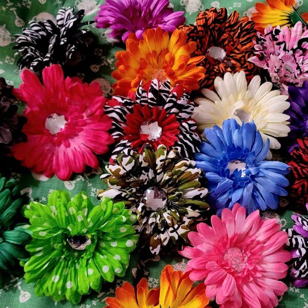 Silk, 4" Gerbera Daisies, 22mm Faceted Rhinestone Centers, Single Prong Metal Back Clips, Multiple Colors to Choose From