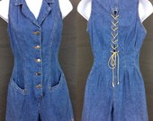 Vintage 90s Denim Playsuit Womens Romper Summer Jumper 100 Cotton Jumpsuit Faded Denim High Waisted Shorts Corset Tie Back
