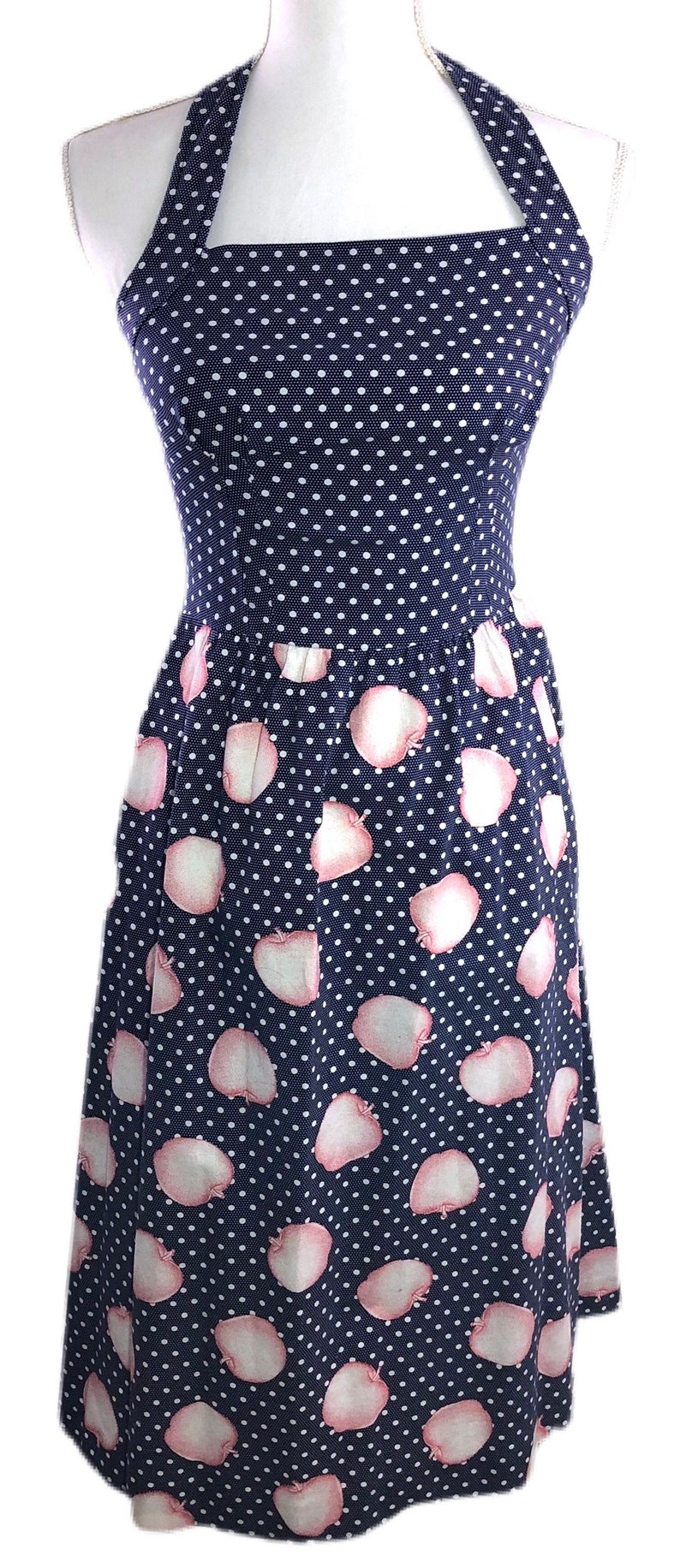 Vintage 80s Polka Dot Sundress Halter Top Summer Dress Apple Print Navy Blue 1980s Sundress