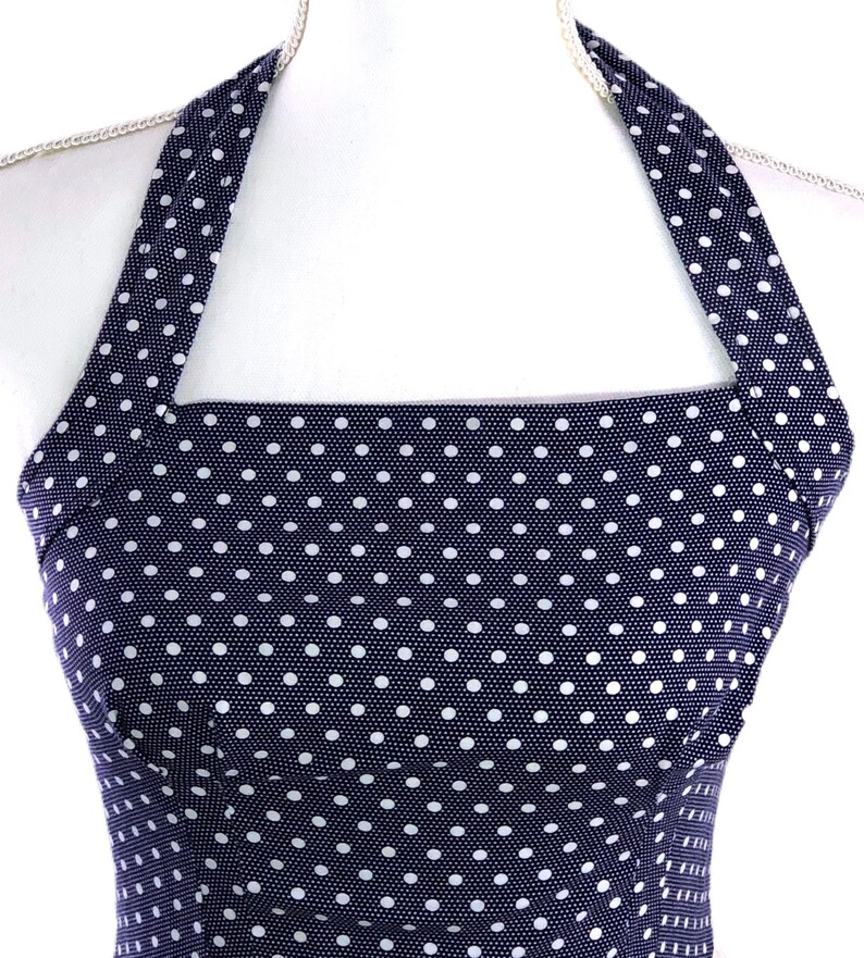 Vintage 80s Polka Dot Sundress Halter Top Summer Dress Apple Print Navy Blue 1980s Sundress
