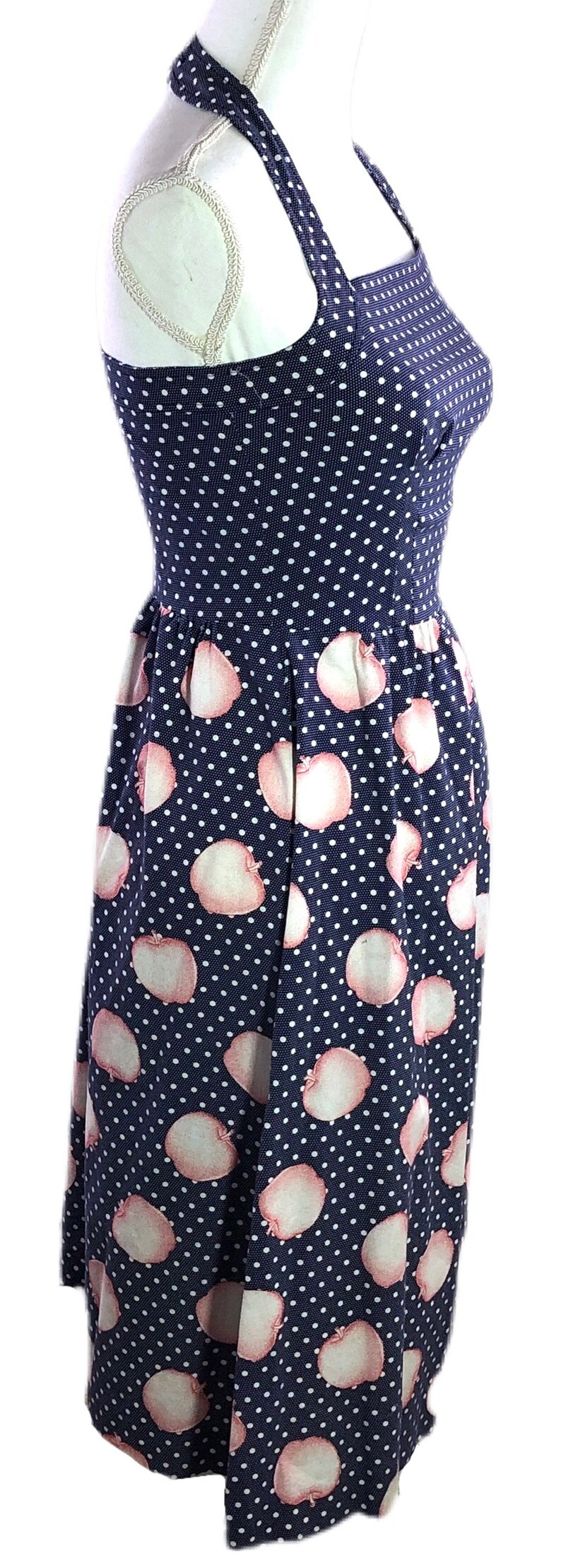Vintage 80s Polka Dot Sundress Halter Top Summer Dress Apple Print Navy Blue 1980s Sundress