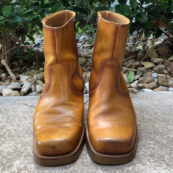 Vintage 70s Zipper Boots Square Toe Biker Boots Zi