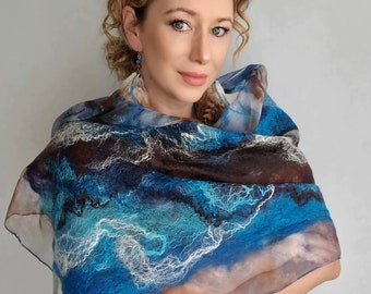 FELTED SILK SCARF, Wrap Scarf, Nuno Felted Scarf, silk shawl.